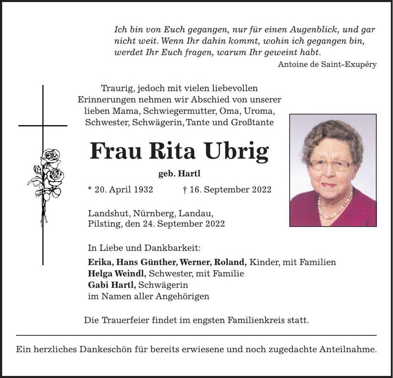 Traueranzeige Rita Ubrig