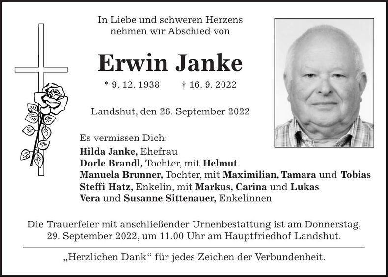Traueranzeige Erwin Janke