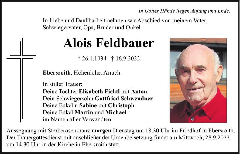 Traueranzeige Alois Feldbauer