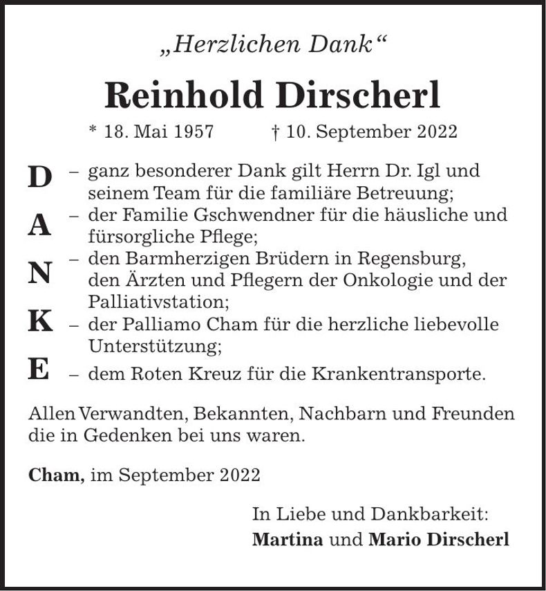Traueranzeige Reinhold Dirscherl