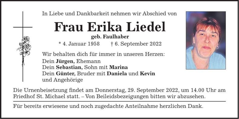 Traueranzeige Erika Liedel
