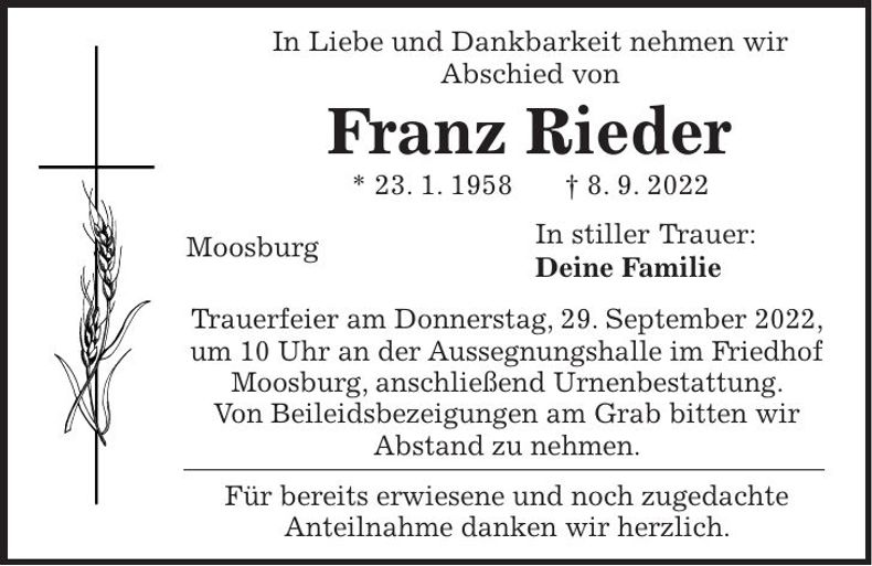 Traueranzeige Franz Rieder