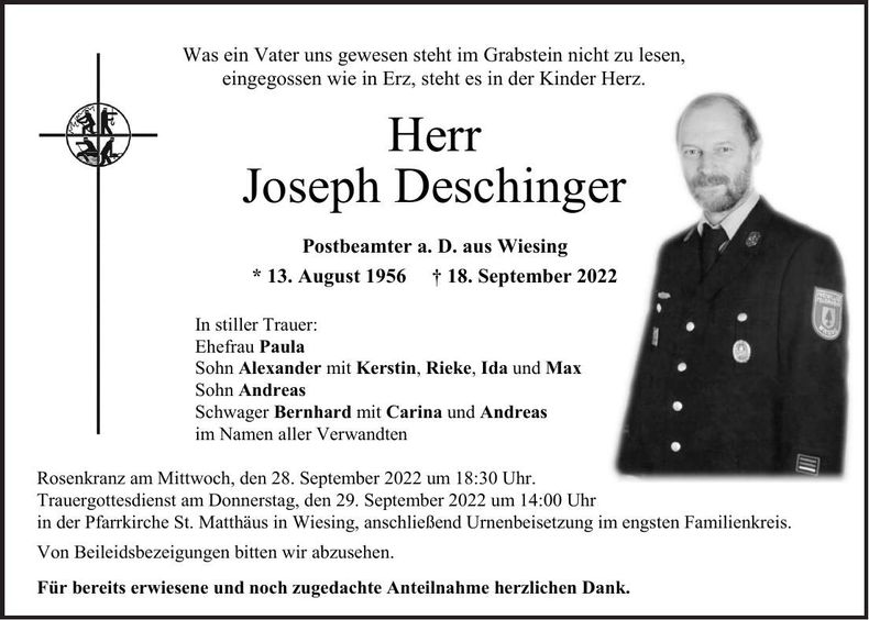 Traueranzeige Deschinger Joseph