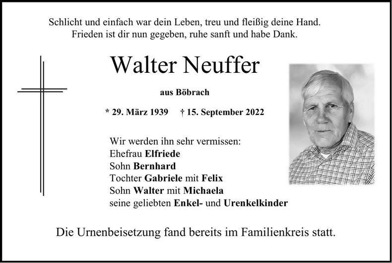 Traueranzeige Walter Neuffer