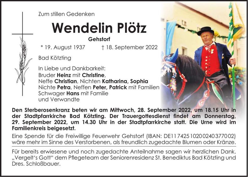 Traueranzeige Wendelin Plötz