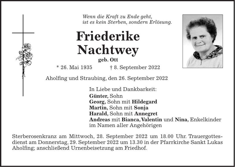 Traueranzeige Friederike Nachtwey