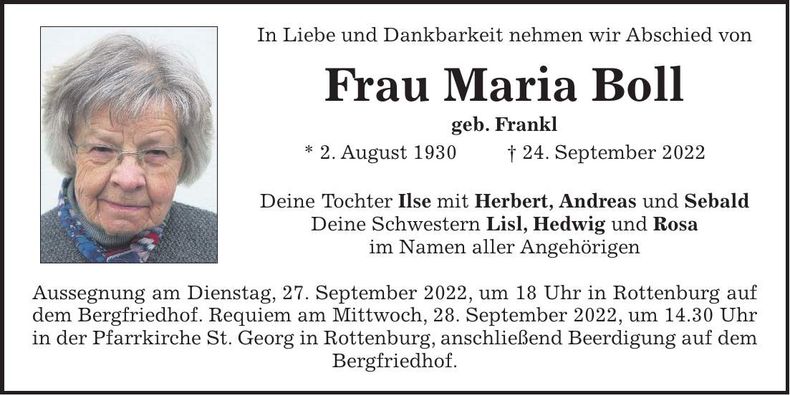 Traueranzeige Maria Boll