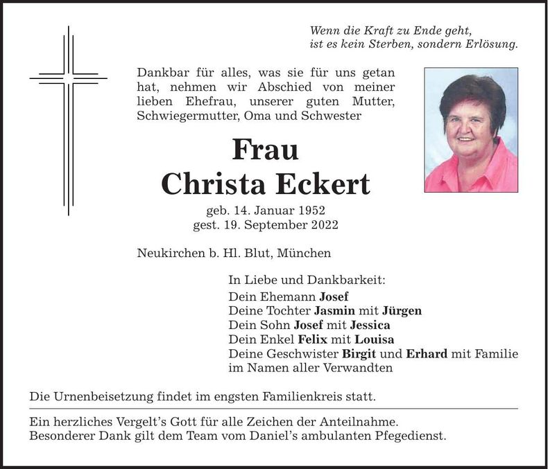 Traueranzeige Christa Eckert
