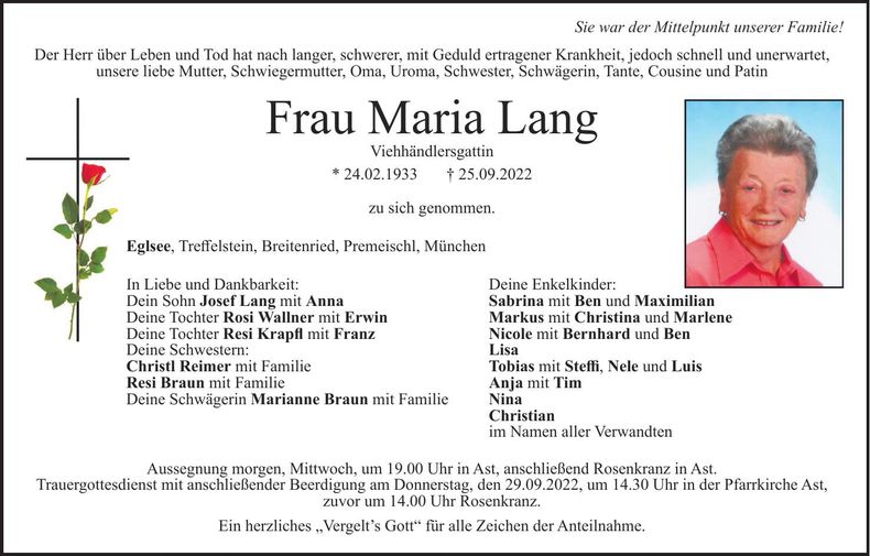 Traueranzeige Maria Lang