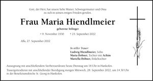 Traueranzeige Maria Hiendlmeier