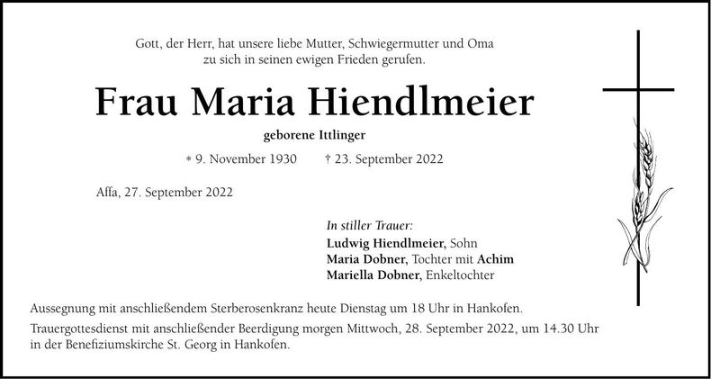 Traueranzeige Maria Hiendlmeier