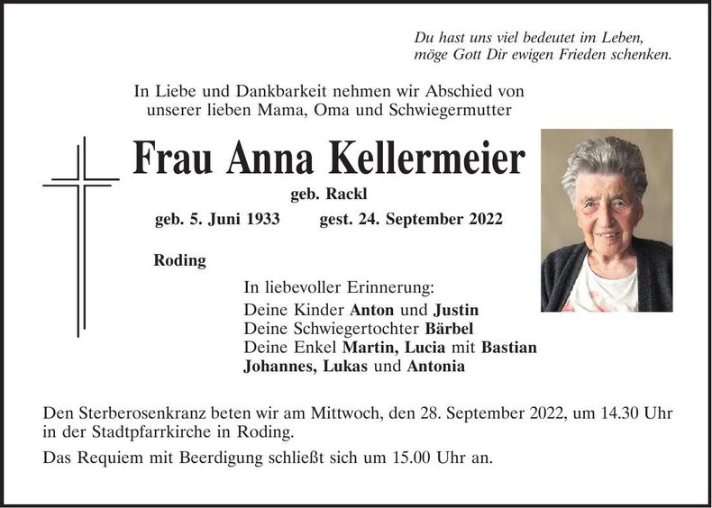 Traueranzeige Anna Kellermeier