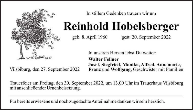 Traueranzeige Reinhold Hobelsberger