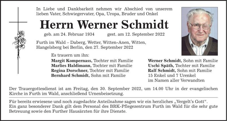 Traueranzeige Werner Schmidt