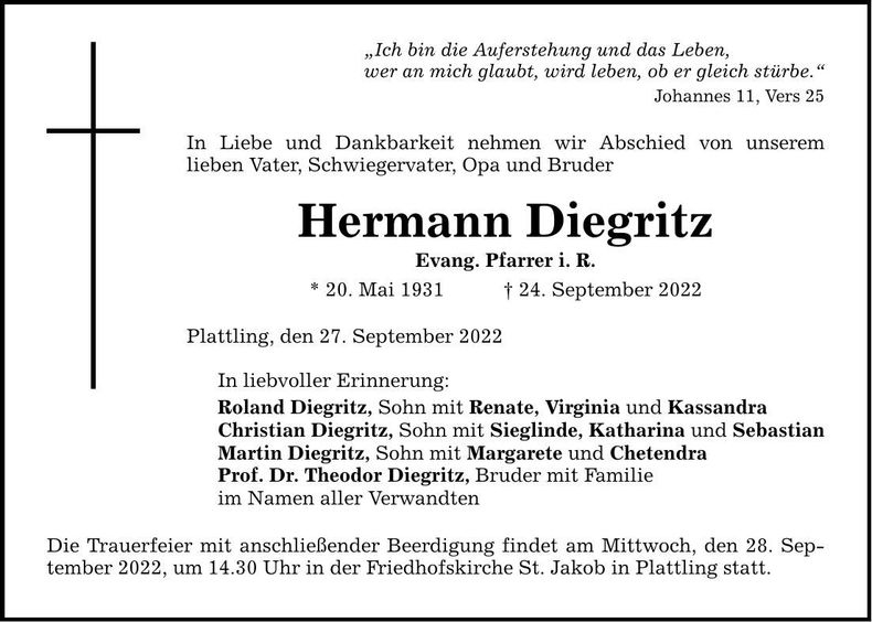 Traueranzeige Hermann Diegritz