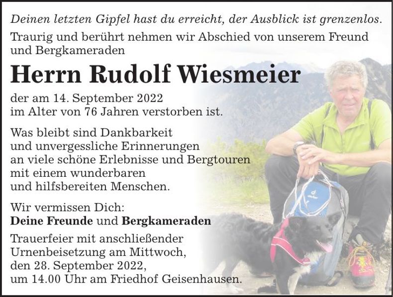 Traueranzeige Rudolf Wiesmeier