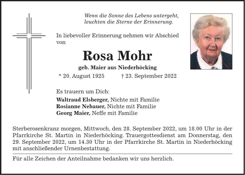 Traueranzeige Rosa Mohr