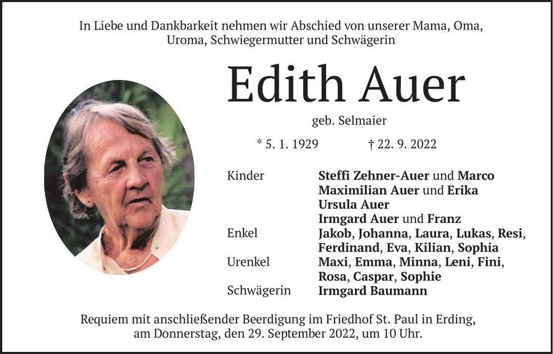 Traueranzeige Edith Auer