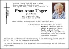 Traueranzeige Anna Unger