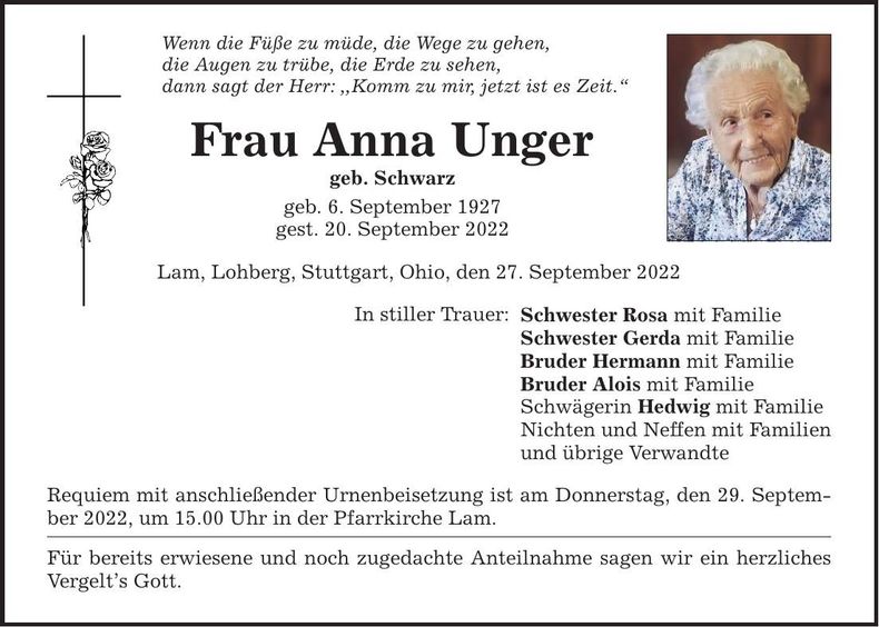 Traueranzeige Anna Unger