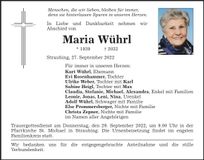 Traueranzeige Maria Wührl