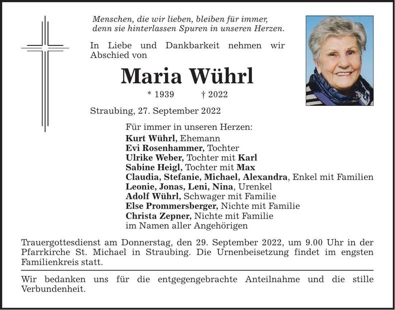 Traueranzeige Maria Wührl