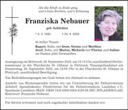 Traueranzeige Franziska Nebauer