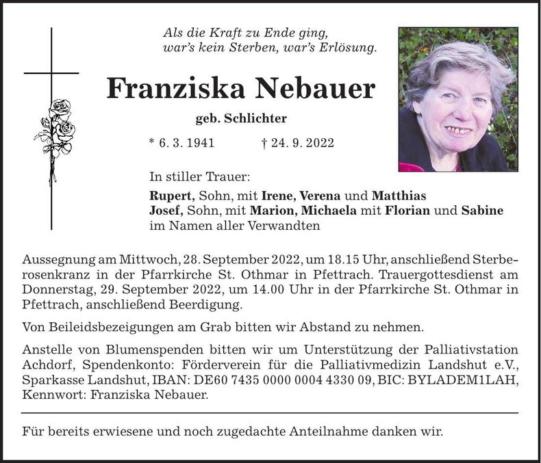 Traueranzeige Franziska Nebauer