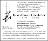 Traueranzeige Johann Oberhofer