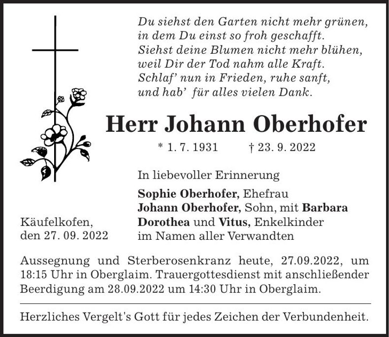 Traueranzeige Johann Oberhofer
