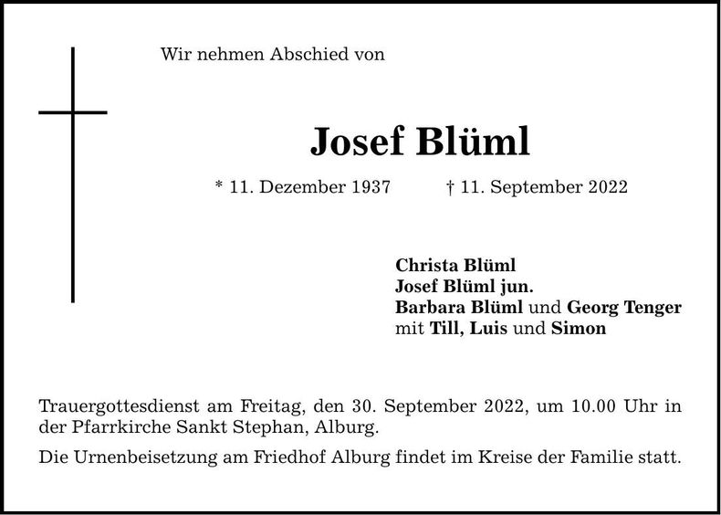 Traueranzeige Josef Blüml