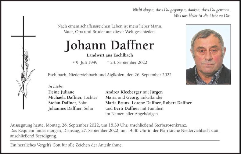 Traueranzeige Johann Daffner