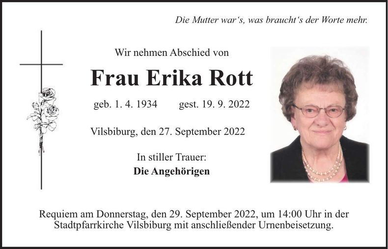 Traueranzeige Erika Rott