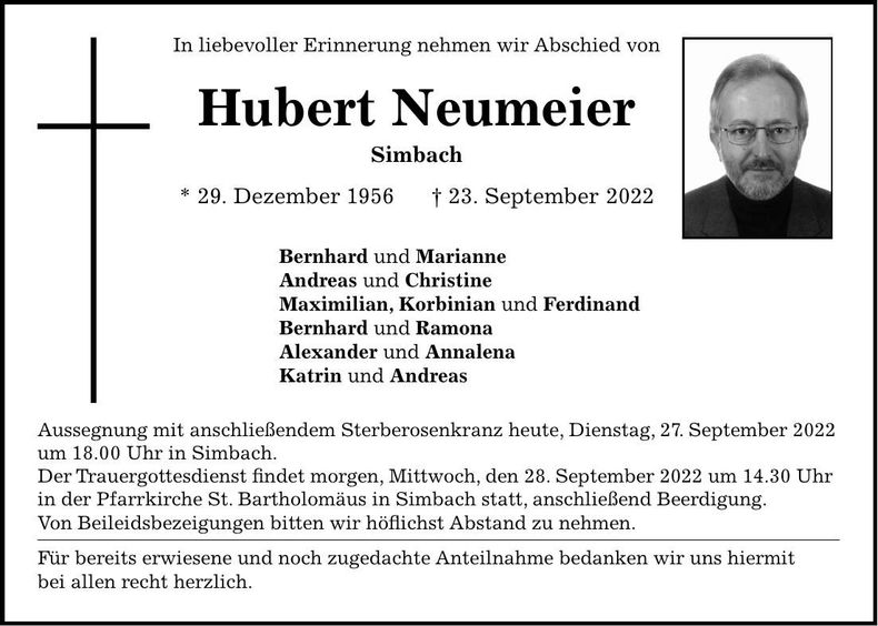 Traueranzeige Hubert Neumeier