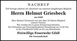 Traueranzeige Helmut Griesbeck