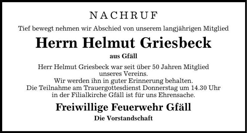 Traueranzeige Helmut Griesbeck