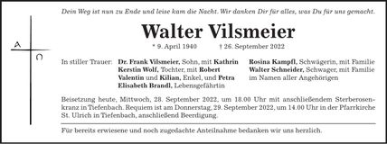 Traueranzeige Walter Vilsmeier
