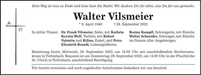 Traueranzeige Walter Vilsmeier