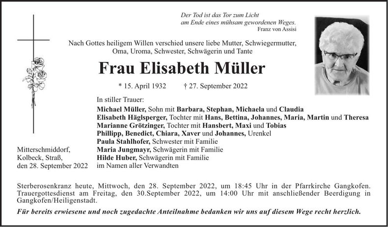 Traueranzeige Elisabeth Müller