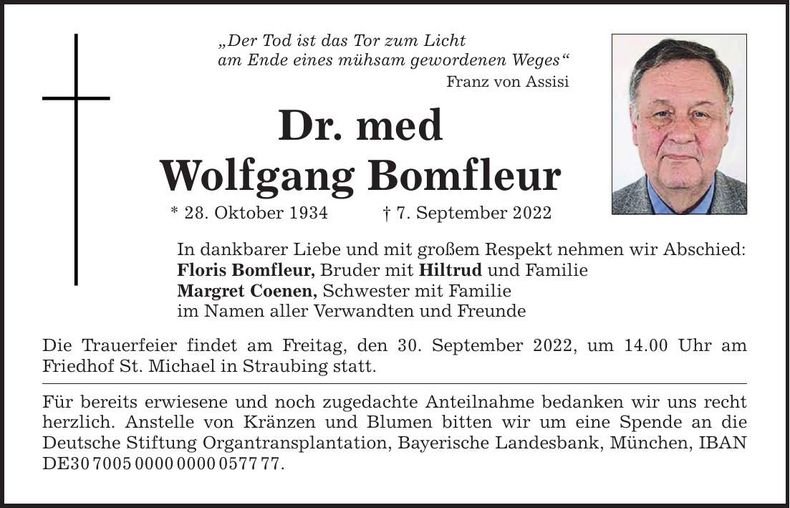 Traueranzeige Wolfgang Bomfleur