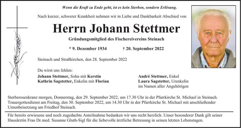 Traueranzeige Johann Stettmer