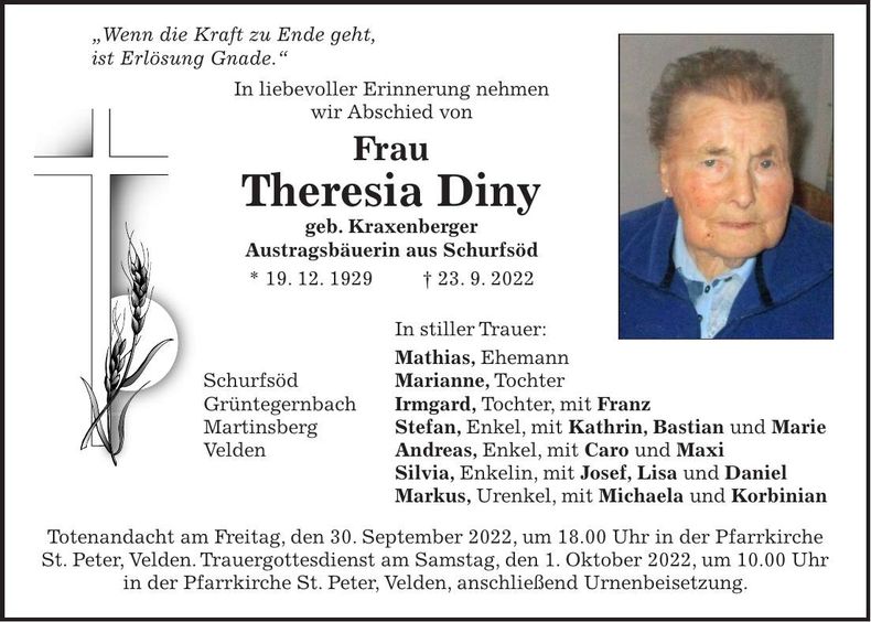 Traueranzeige Theresia Diny