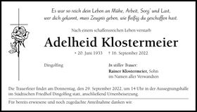 Traueranzeige Adelheid Klostermeier