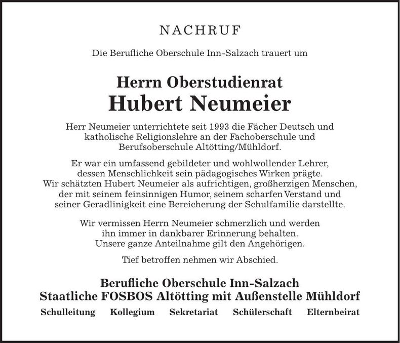 Traueranzeige Hubert Neumeier