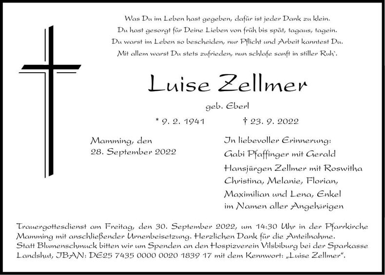 Traueranzeige Luise Zellmer