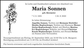 Traueranzeige Maria Sonnen
