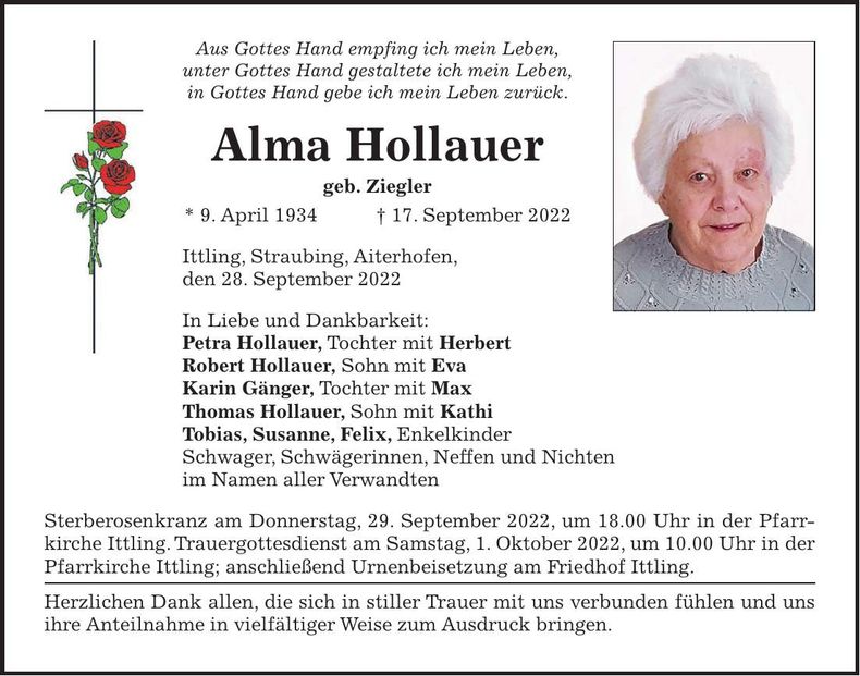 Traueranzeige Alma Hollauer