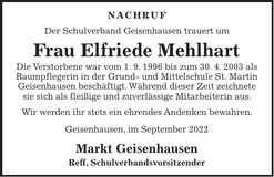 Traueranzeige Elfriede Mehlhart