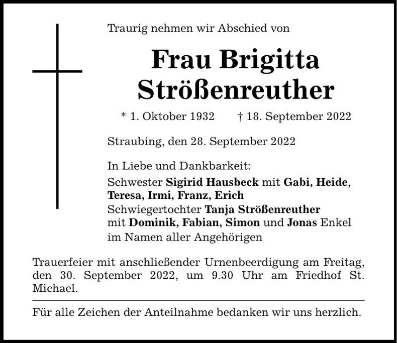 Traueranzeige Brigitta Strößenreuther