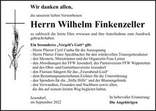 Traueranzeige Wilhelm Finkenzeller